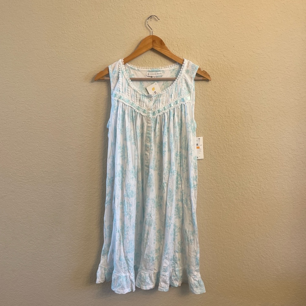 NEW EILEEN WEST Turquoise/Teal Floral Sleeveless Nightgown with Lace